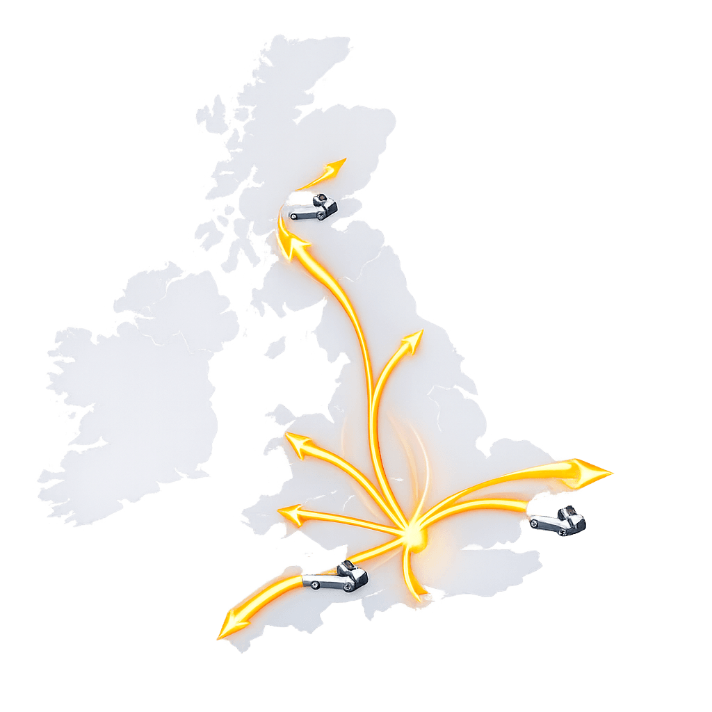 Map graphic showing BM Couriers nationwide UK coverage